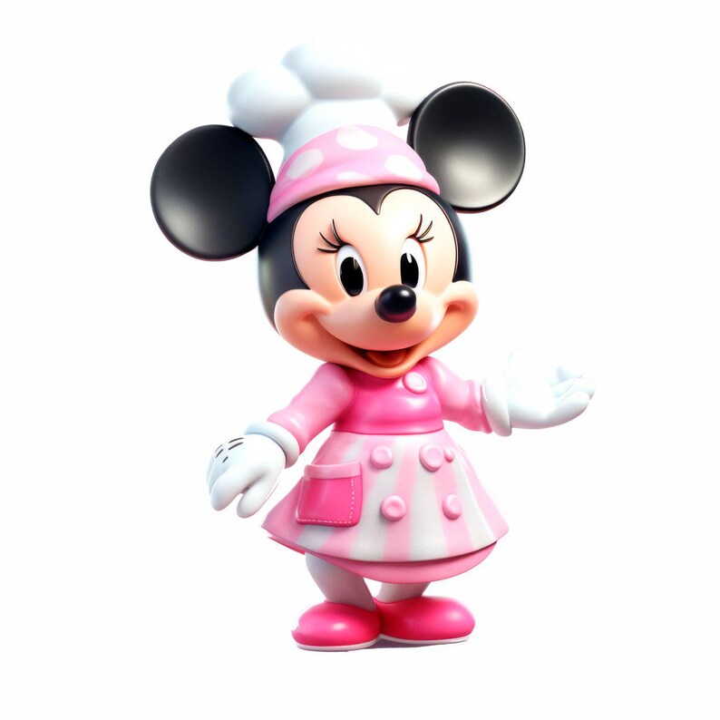 Puede incluir: Figura de Minnie Mouse vestida de chef. Lleva un gorro de chef rosa con lunares blancos, un vestido rosa con rayas blancas y botones rosas, y zapatos rosas. Sus guantes blancos est&aacute;n levantados en un gesto amistoso.