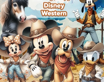 May include: Digital artwork featuring Disney characters in Western attire. Mickey Mouse, Minnie Mouse, Goofy, Pluto, and Donald Duck are depicted wearing cowboy hats, bandanas, and boots. The image includes a horse and text that reads "44 Png / 4 Jpg Disney Western" and "Instant Download."