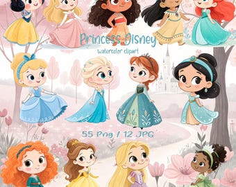 Watercolor Princess Clipart Pack | Cute Princess PNGs | Fairytale Castle, Crown, and Princess Party Clipart
