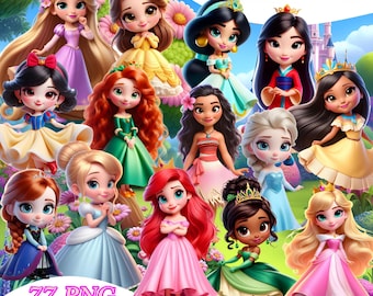 Puede incluir: Una colección de muñecas de princesas de dibujos animados, cada una con un vestido y peinado únicos. Las princesas están ambientadas sobre un fondo de flores y vegetación. El texto dice "Cute Princess" y "77 PNG 14 JPG".