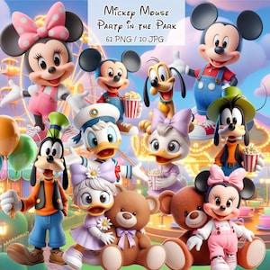 Pode incluir: Uma ilustração digital com Mickey Mouse e amigos num parque. A imagem inclui Mickey, Minnie, Donald, Margarida, Pateta e Pluto. O texto "Mickey Mouse Party in the Park" está no topo. As personagens seguram pipocas e balões.