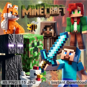 以下が含まれることがあります： Minecraftのキャラクター、キツネ、ハチ、クリーパー、ダイヤモンドの剣を持ったスティーブなどが描かれたデジタルアート。Minecraftのロゴと、45 PNGと15 JPGファイル、インスタントダウンロードのテキストが含まれています。
