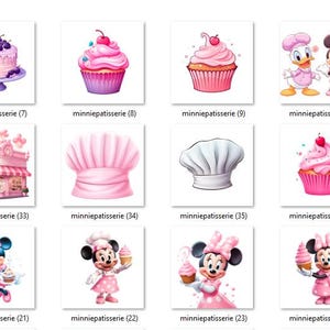 Puede incluir: Una colecci&oacute;n de ilustraciones en acuarela con Minnie Mouse y amigos con elementos de panader&iacute;a. Las im&aacute;genes incluyen pasteles, cupcakes, donuts y gorros de chef, todos en tonos rosa y blanco. El texto "minniepatisserie" est&aacute; presente.