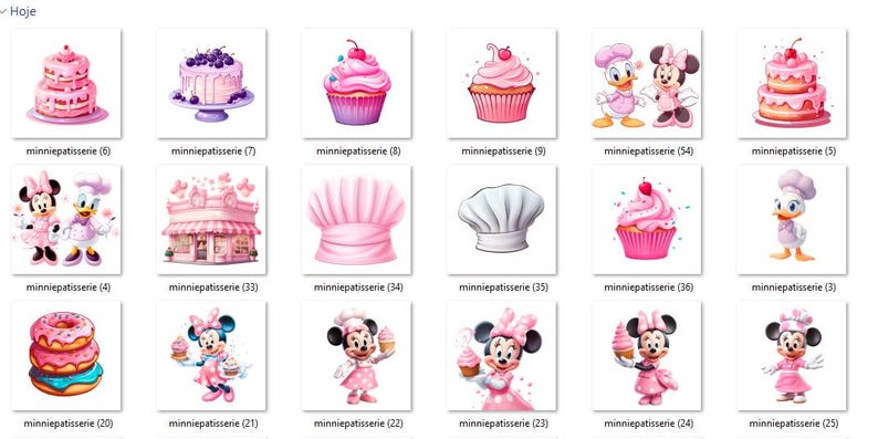 Puede incluir: Una colecci&oacute;n de ilustraciones en acuarela con Minnie Mouse y amigos con elementos de panader&iacute;a. Las im&aacute;genes incluyen pasteles, cupcakes, donuts y gorros de chef, todos en tonos rosa y blanco. El texto "minniepatisserie" est&aacute; presente.