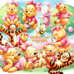 May include: A digital illustration of Winnie the Pooh characters, including Pooh, Piglet, Tigger, and a bee. The image is set in a pastel-coloured outdoor scene. The characters are wearing pink shirts and bows.