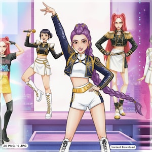 Pode incluir: Ilustração digital de um grupo de artistas femininas em trajes de palco. As personagens usam calções e saias brancas, tops pretos com detalhes dourados e botas brancas. Uma personagem tem cabelo roxo e um casaco azul marinho.