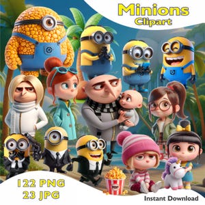 Puede incluir: Una colección de imágenes de Minions Clipart con varios personajes de la película animada. Las imágenes incluyen Minions en diferentes poses, Gru y las chicas. El texto "Minions Clipart", "122 PNG 23 JPG" y "Instant Download" son visibles.