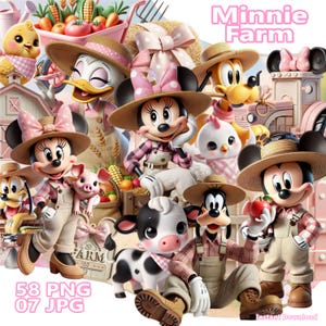 Puede incluir: Ilustración digital con personajes de Disney en un entorno de granja. Minnie Mouse, Mickey Mouse, Donald Duck y Goofy vestidos de granjeros. La imagen incluye animales de granja, productos y el texto "Minnie Farm".