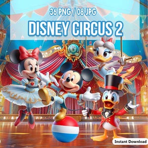 Puede incluir: Ilustración digital de personajes de Disney en un circo. Mickey Mouse se equilibra sobre una bola roja, blanca y azul. Minnie Mouse lleva un tutú. También aparecen Daisy Duck y Donald Duck. El texto dice "Disney Circus 2".
