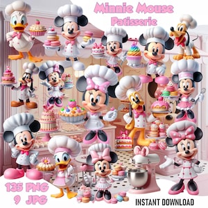 May include: A digital illustration featuring various Disney characters, including Mickey and Minnie Mouse, Donald Duck, and Pluto, dressed as chefs. They are surrounded by pink pastries and cakes, with the text "Minnie Mouse Patisserie" and download information.