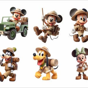 May include: A collection of six cartoon characters, including Mickey Mouse, Minnie Mouse, Goofy, and Pluto, dressed in safari attire. Mickey is also shown driving a green jeep with "Safari" on the front. The characters are wearing khaki outfits and hats.