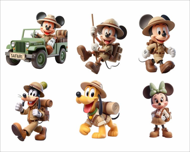 May include: A collection of six cartoon characters, including Mickey Mouse, Minnie Mouse, Goofy, and Pluto, dressed in safari attire. Mickey is also shown driving a green jeep with "Safari" on the front. The characters are wearing khaki outfits and hats.
