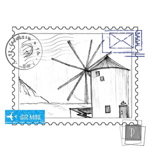 Tirage d’art téléchargeable, un dessin original d’un « moulin à vent sur timbre », dessin au crayon