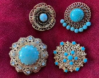 4 broches anciennes en filigrane turquoise bijoux en filigrane vintage