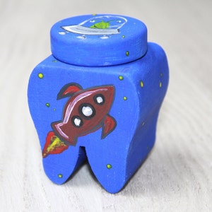 Milk tooth box, tooth fairy, hand-painted, personalized, box space, tooth box with rocket, letter from the tooth fairy, tooth fairy certificate, certificate