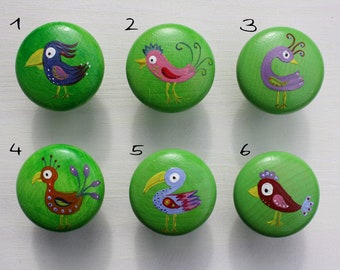 large furniture handle, chest of drawers, button for drawer, bird of paradise, handpainted, Spitzbub