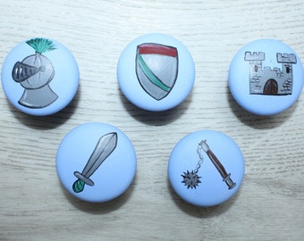 large furniture handle, chest of drawers, button for drawer, knight, sword, castle, castle, handpainted, cabinet button, chest of drawers handle, rogue boy