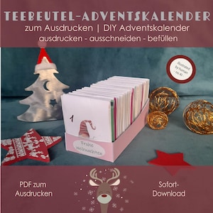 May include: A DIY tea bag advent calendar kit featuring a pink box filled with white envelopes, each labeled with a number and a gnome illustration. The text reads TEEBEUTEL-ADVENTSKALENDER, zum Ausdrucken, DIY Adventskalender, ausdrucken-ausschneiden-befüllen, Frohe Weihnachten, PDF zum Ausdrucken, Sofort-Download, and illustrated by human - no AI.