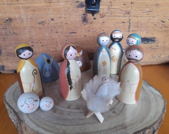 Large wooden nativity figures, modern nativity figures, hand-painted Christmas crib, Hygge, Holy Family, angels, shepherds, peg doll, Advent