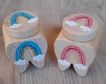 Milk tooth box, tooth fairy, hand-painted, personalized, box with rainbow, tooth box wood, letter from the tooth fairy, tooth fairy certificate, certificate