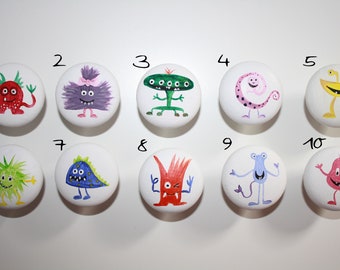 large furniture handle, chest of drawers, button for drawer, monster, hand-painted, pointed boy
