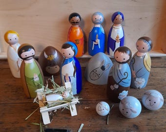 large wooden nativity figures, modern nativity figures, hand-painted nativity scene, Hygge, Holy Family, angels, shepherds, peg doll, Advent