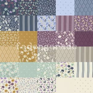 Könnte beinhalten: Eine Sammlung von 25 Stoffquadraten mit verschiedenen Mustern, darunter florale, geometrische und nautische Designs. Die Stoffe sind in Blautönen, Lila, Grün und Gelb.
