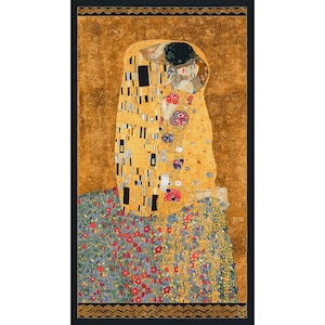 Könnte beinhalten: Ein Gemälde, das zwei Figuren in einer leidenschaftlichen Umarmung zeigt, ihre Körper sind ineinander verschlungen und mit einem goldenen Mosaikmuster bedeckt. Der Hintergrund ist ein Feld mit Blumen in Blautönen, Grün- und Rottönen.