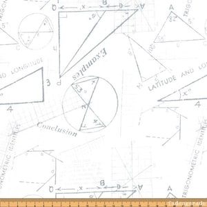 Könnte beinhalten: Ein weißer Stoff mit einem blauen geometrischen Muster aus Dreiecken, Kreisen und Quadraten. Der Stoff hat ein Gittermuster und den Text "Beispiele", "Schlussfolgerung", "Breitengrad und Längengrad" und "Trigonometrische Identitäten" darauf gedruckt.