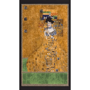 Pode incluir: Uma pintura de uma mulher em um vestido dourado com um chapéu preto. O fundo é um mosaico dourado e verde.