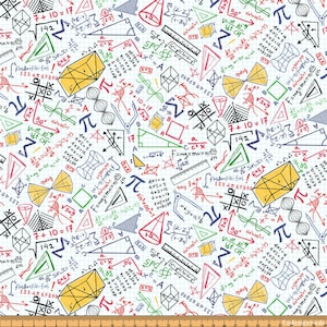 Könnte beinhalten: Ein weißer Hintergrund mit einem Rastermuster, gefüllt mit bunten handgezeichneten mathematischen Gleichungen, geometrischen Formen und Symbolen. Das Design enthält Zahlen, Buchstaben und mathematische Symbole wie Pi, Quadratwurzeln und Winkel.