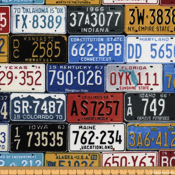US-Nummernschilder, Autoschilder, Kennzeichen Bundesstaaten USA -  Patchworkstoff