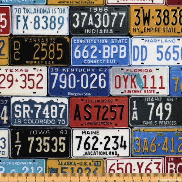 Rest 40 cm US-Nummernschilder, Autoschilder, Kennzeichen Bundesstaaten USA -  Patchworkstoff