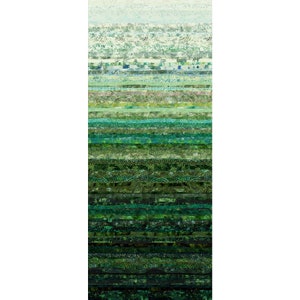 Könnte beinhalten: Ein vertikaler Ombre-Stoffstreifen mit einem Farbverlauf von Grün, von Hellgrün bis Dunkelgrün. Der Stoff besteht aus verschiedenen Mustern, darunter florale, geometrische und abstrakte Designs.