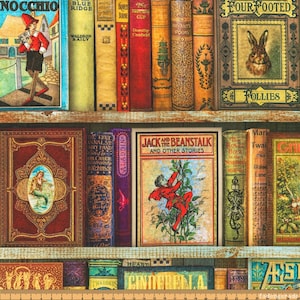 Könnte beinhalten: Ein Bücherregal gefüllt mit alten Büchern mit bunten Rücken und Illustrationen. Die Bücher tragen Titel wie "Jack und die Bohnenstange", "Vierbeinige Verrücktheiten", "Die wahren Annalen des Feenlandes" und "Aschenputtel".