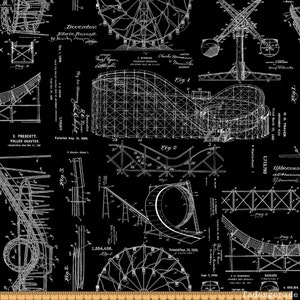 Può includere: Tessuto in bianco e nero con progetti dettagliati di giostre di parchi divertimento, tra cui montagne russe e ruote panoramiche. Il design include disegni tecnici, diagrammi e testo.