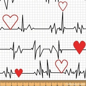 Könnte beinhalten: Ein schwarz-weißes Grafikmuster aus Herzschlägen mit roten Herzen auf weißem Gitterhintergrund.
