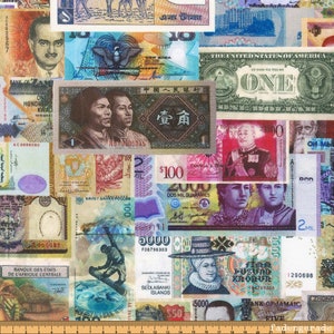 Könnte beinhalten: Eine bunte Collage aus Währungen aus aller Welt. Die Collage zeigt Banknoten aus Ländern wie den Vereinigten Staaten, China, Tonga und der Afrikanischen Union. Die Banknoten sind in einem zufälligen Muster angeordnet und weisen verschiedene Abnutzungserscheinungen auf.