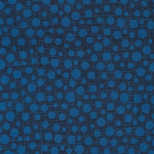Könnte beinhalten: Ein blauer Stoff mit einem Muster aus schwarzen Kreisen und einem dezenten Gittermuster.