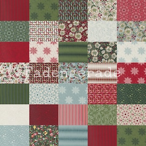 Könnte beinhalten: Eine Patchwork-Decke mit verschiedenen weihnachtlichen Mustern in Rot, Grün, Weiß und Blau. Die Muster umfassen Schneeflocken, Sterne, Streifen und Blumenmuster.