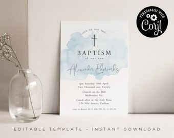 Blue watercolour Baptism Invitation Template Instant Download Using Corjl Editable File DIY