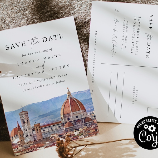 Watercolour Florence Save the Date Card Template Instant Download Using Corjl Editable File