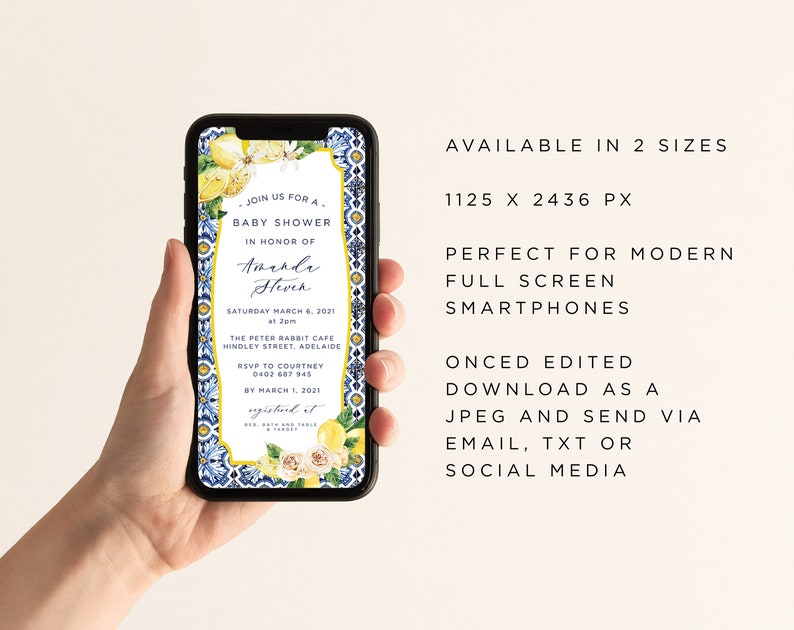 Electronic LEMON POSITANO Baby Shower Invite Template Instant Download Using Corjl Editable File
