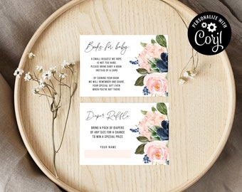 Pink and Navy Floral Baby Shower Invitation Extra Cards Template Instant Download Using Corjl Editable File, PN01