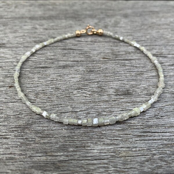 White diamond and solid 14k gold beaded bracelet, modern faceted box cut diamond tennis bracelet