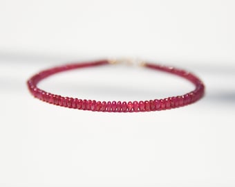 Ruby and solid 14k bracelet, dainty natural red Ruby and 14 karat gold delicate minimalist beaded bracelet