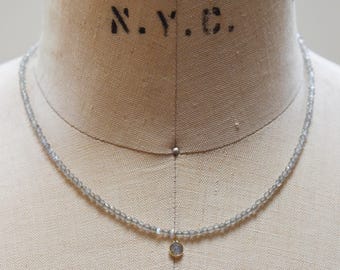 Labradorite and solid 14k gold minimalist choker bead necklace, 2mm iridescent Labradorite gemstones centered with solid 14 karat gold charm