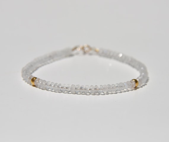 Moonstone and 18 karat solid gold bead bracelet, blue fire Moonstone and solid gold minimalist unisex bracelet, solid 14k closure