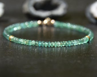 Natural Emerald and solid gold bracelet, Zambian 4mm smooth Emeralds with solid 18k gold barrel beads and 14k gold clasp, minimalist luxury