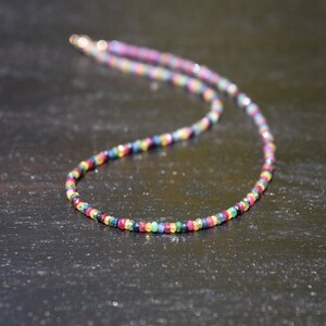 Pu&ograve; includere: Una collana di perline colorate con chiusura dorata. La collana presenta piccole perline sfaccettate multicolori, tra cui rosso, blu, giallo e verde. Le perline sono infilate insieme per creare un gioiello delicato e accattivante.